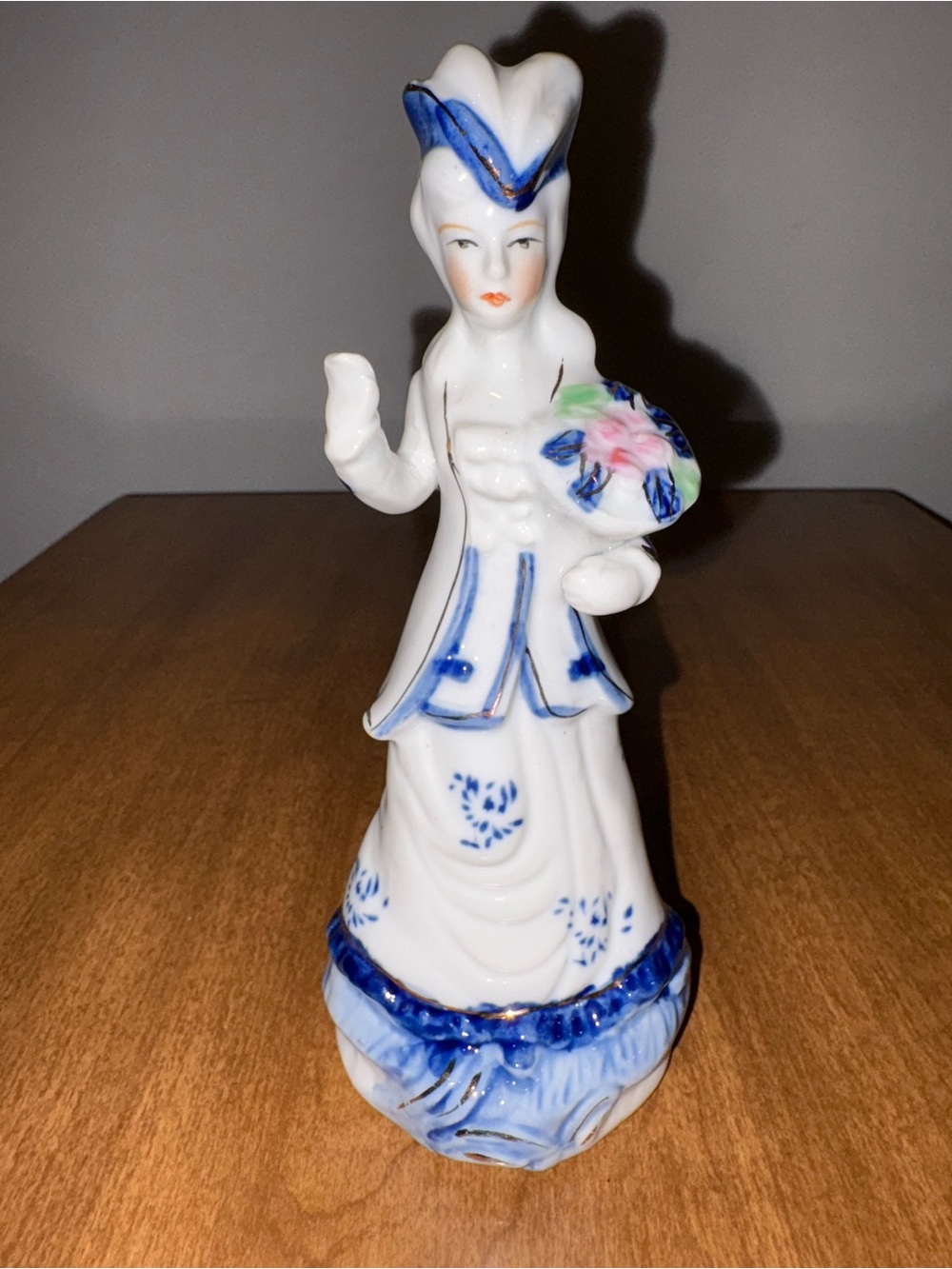 Vintage Delft Porcelain Figurine of Woman in Blue and White